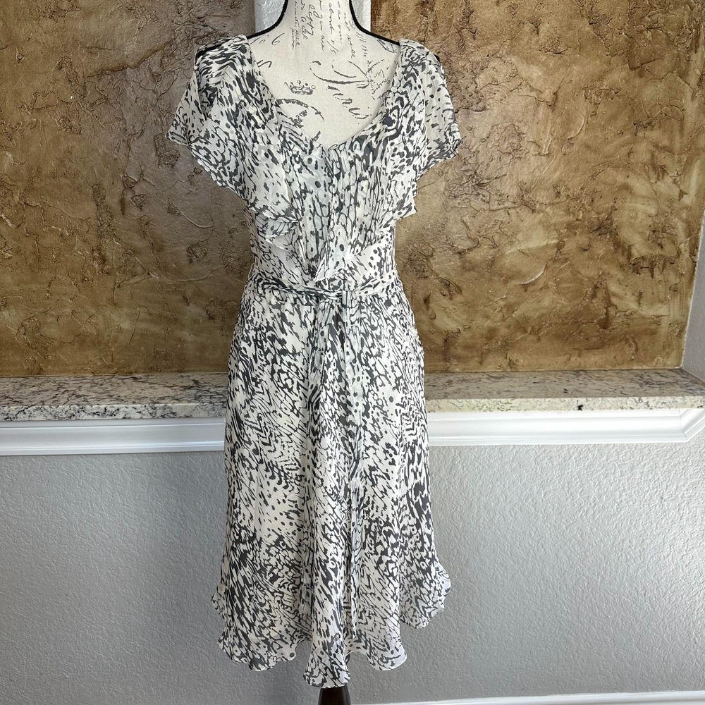 Yoana‎ Baraschi Black & White Abstract Silk Midi Dress Medium Boho Chic Animal